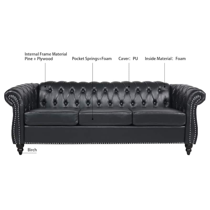 Upholstered Rolled Arm Chesterfield 3-Seater Sofa