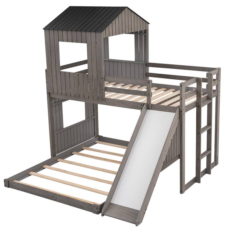 House Bunk Beds with Slide, Wood Twin Over Full Bunk Beds with Roof and Guard Rail for Kids, Toddlers
