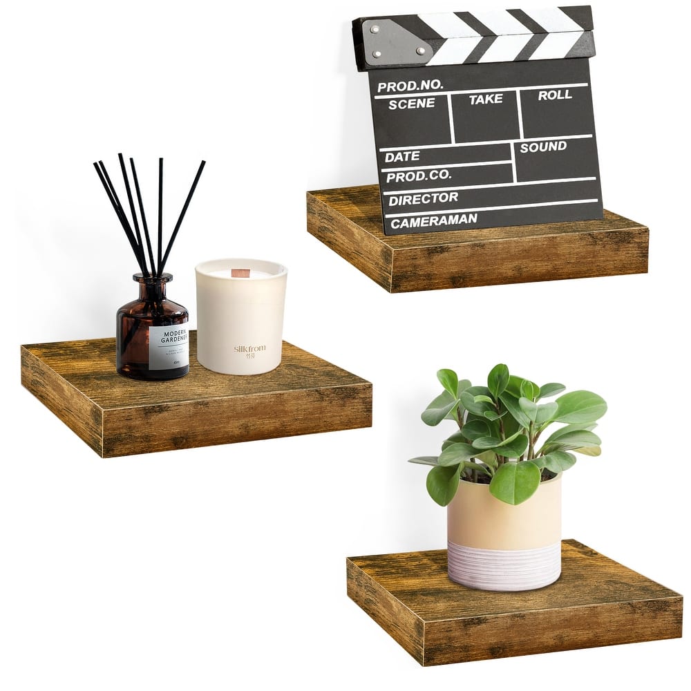 3 Pack Square Mounted Floating Shelves - Rustic Wood Display Ledge Storage Shelf