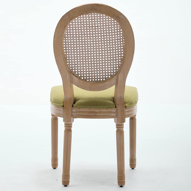 French Style 2-Piece Dining Chairs: Solid Wood Frame, Antique Painting, Linen Fabric, Rattan Back – Classic & Elegant Seating