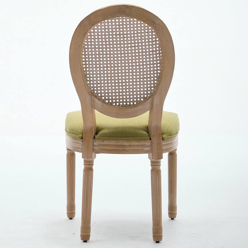French Style Solid Wood Frame Antique Painting Linen Fabric Rattan Back Dining Chair,Set of 2