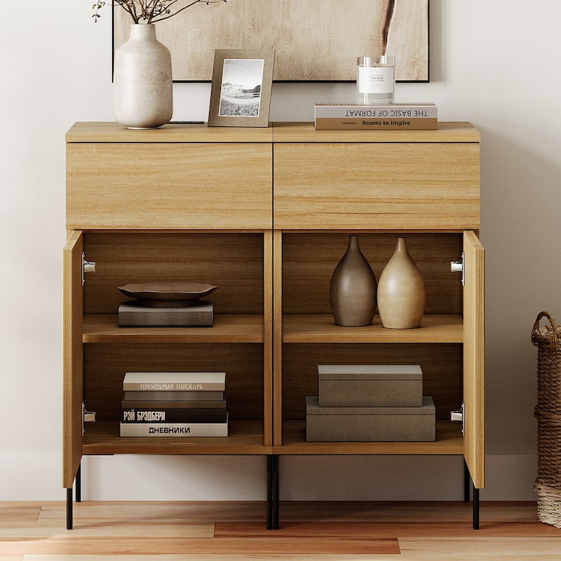 63" Wooden Reeded Sideboard With Built-In Charging Station, 3-In-1 Modern Credenza