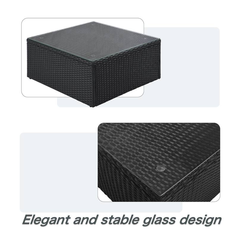 7-Piece All-Weather PE Wicker Outdoor Conversation Modular Sofa Set with Green Striped Pillows and Glass Coffee Table