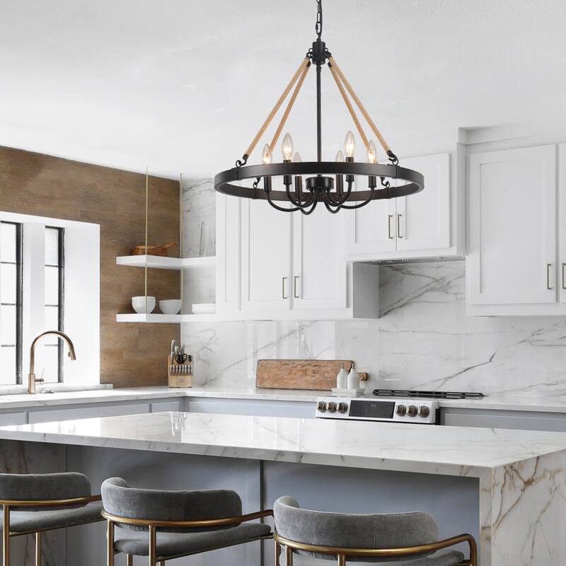 6 - Light Rustic Farmhouse Wagon Wheel Candle Style Chandelier for Living Room Bedroom Dinging Room