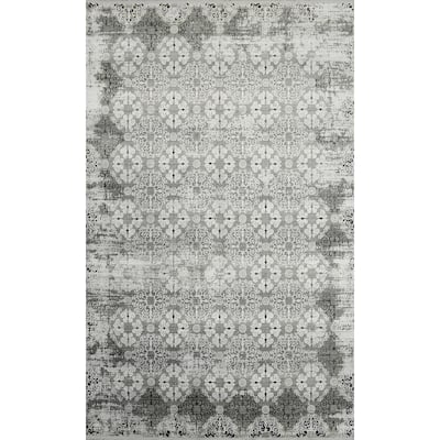 Machine Made Oriental Polyester Carpet Geometric Greys & Charcoal Distressed Area Rug - 7' 5'' X 5' 2''