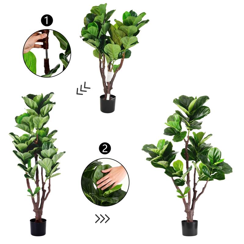 Artificial Fiddle Leaf Fig Tree - 2 Variants (4ft/5.75ft), Faux Green Plant in Black Plastic Pot, Indoor Low-Maintenance Decor