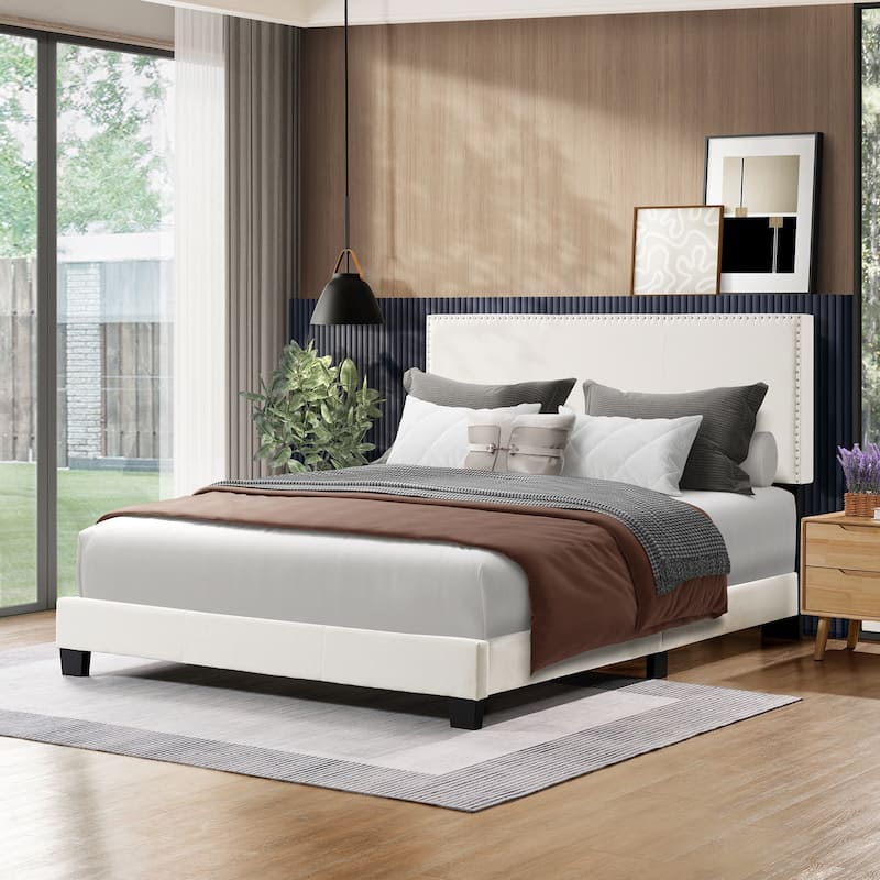 Full/Queen Size Platform Bed Frame, Bedroom Upholstered Bed with Nailhead Trim Headboard, No Box Spring Needed - Beige - Full