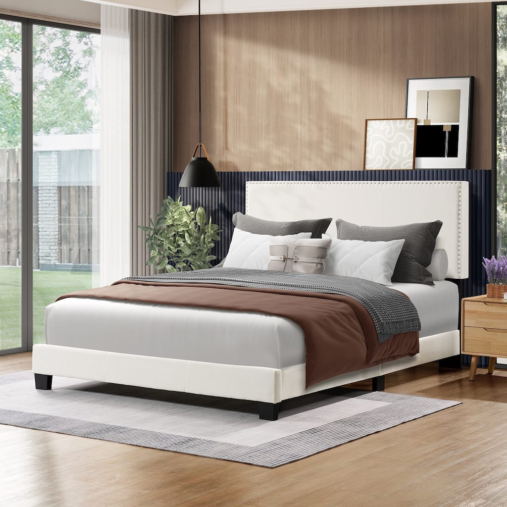 Full/Queen Size Platform Bed Frame, Bedroom Upholstered Bed with Nailhead Trim Headboard, No Box Spring Needed