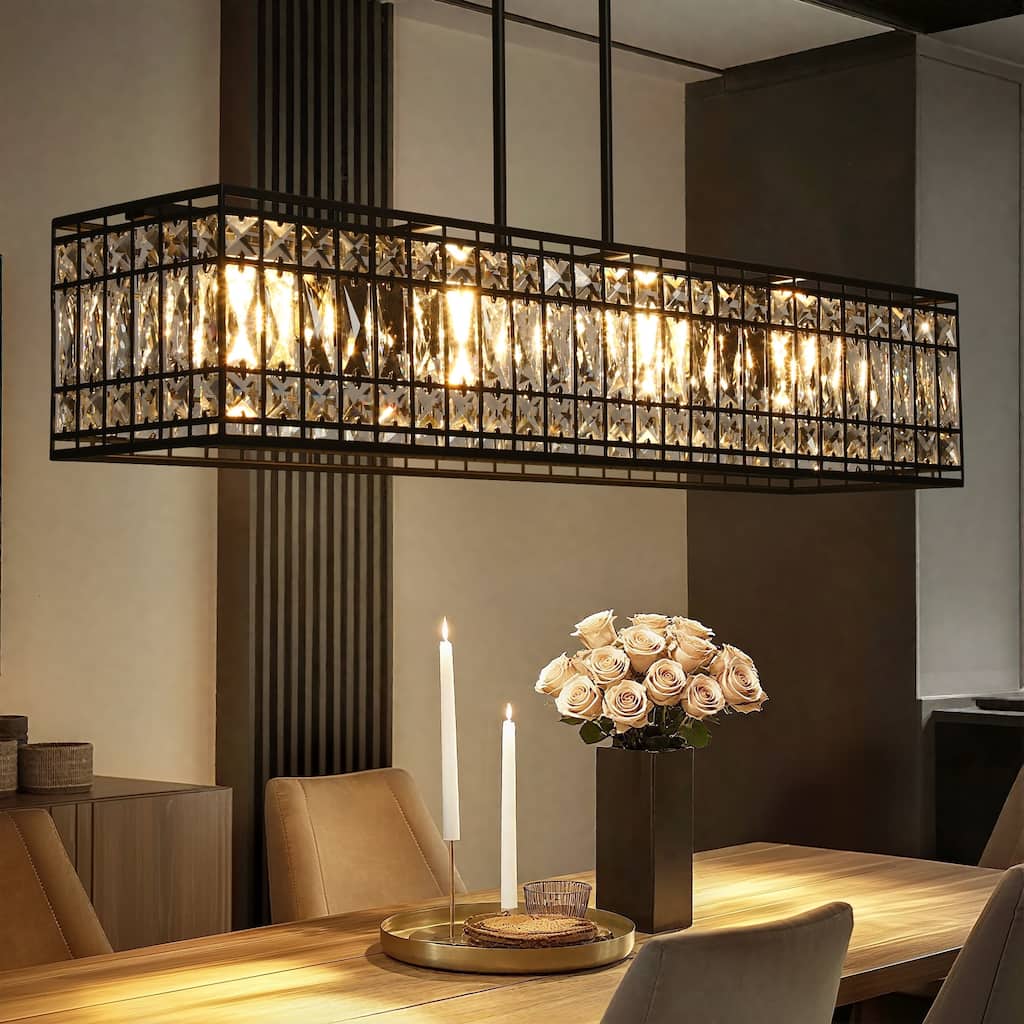 Modern 4-Light Black Crystal Chandelier Rectangle Kitchen Island Light - L35.4" x W8.9" x H71.2" Max