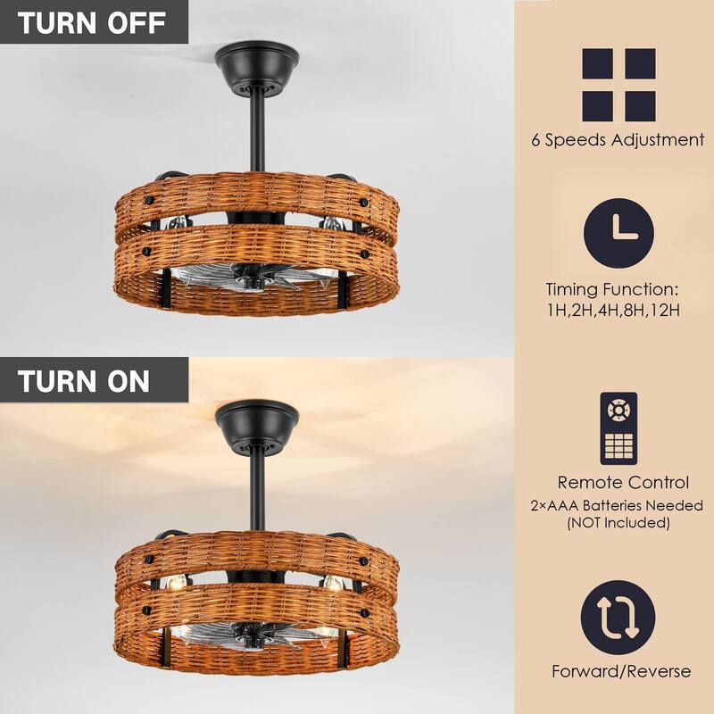 4-Light Farmhouse Brown and Black Woven Rattan Drum Ceiling Fan Lighting with Remote Control - 19.3 in. W x 6.9 in. H