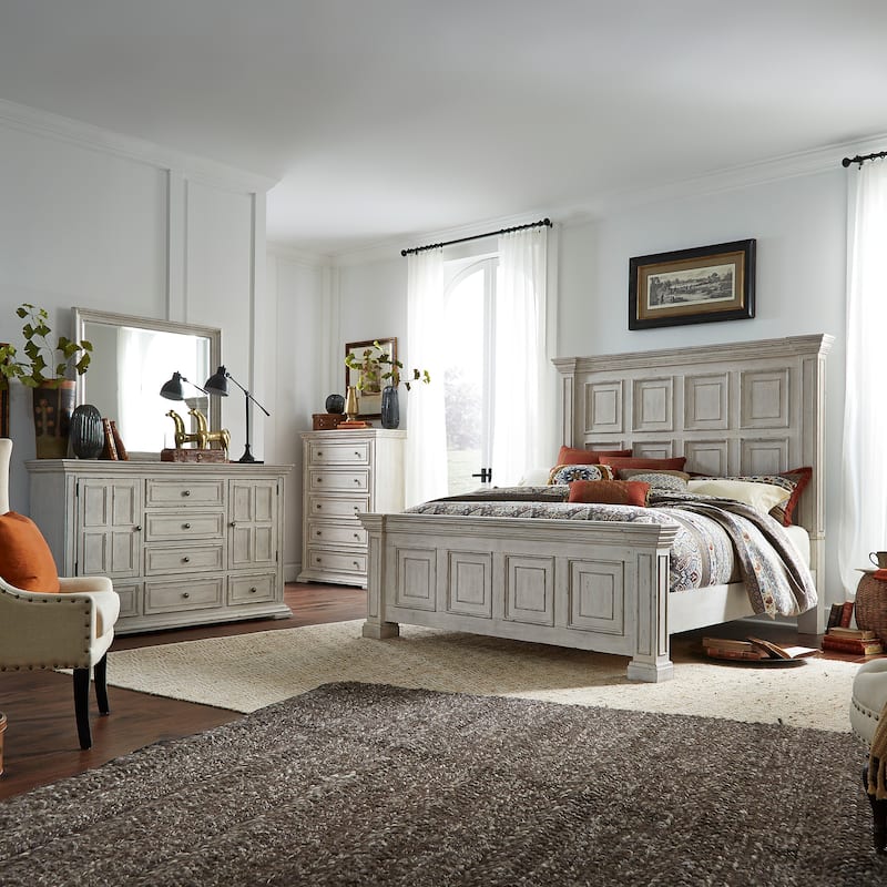Liberty Furniture Big Valley Panel Bed, Dresser, Mirror, Chest - California King, King or Queen - Whitestone w/ Heavy Distressing - California King
