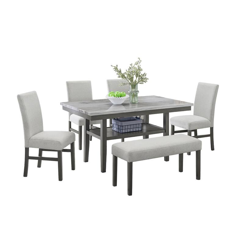 Selena 6-Piece 60" Rectangular Gray Faux Marble Dining Set with 4 Upholstered Chairs & Bench, Gray Finish