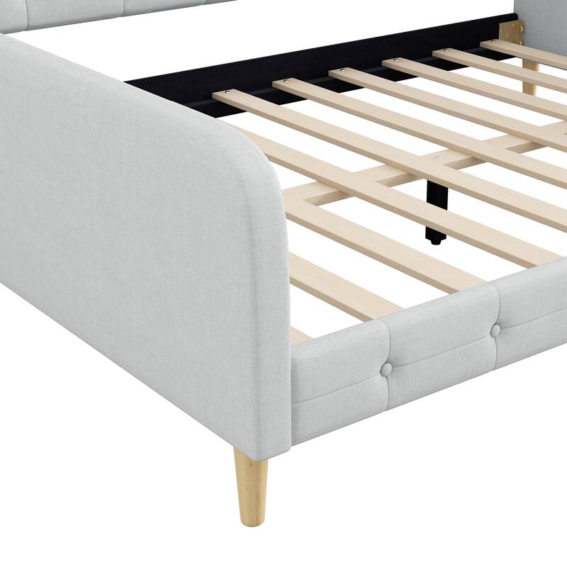 Roomfitters Queen Size Upholstered Daybed, Mid-Century Modern Sofa Bed Frame with Backrest and Tapered Wood Legs