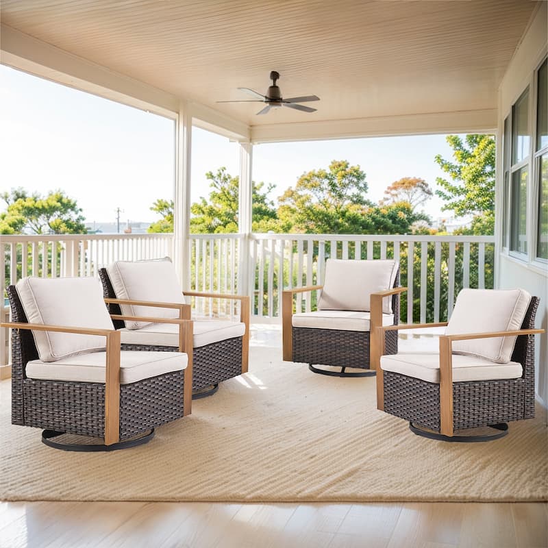 Gymojoy Patio Swivel Glider Chairs Set of 4 - Brown Wicker - Beige Cusion