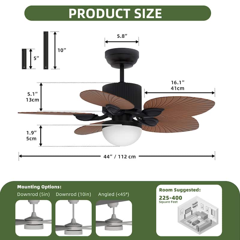 Moasis 44 Inch 5 Blades Tropical Palm Ceiling Fans with Lights and Remote Control