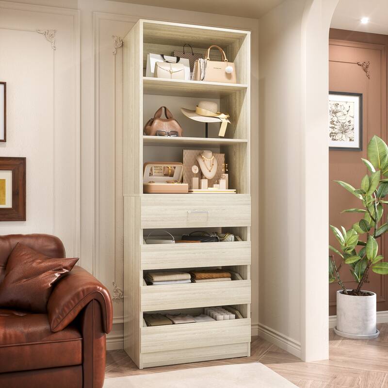 21.3" Storage Cabinet Bookshelf with Charging Station and 3 Wood Drawers, Freestanding Closet System with Storage Shelves