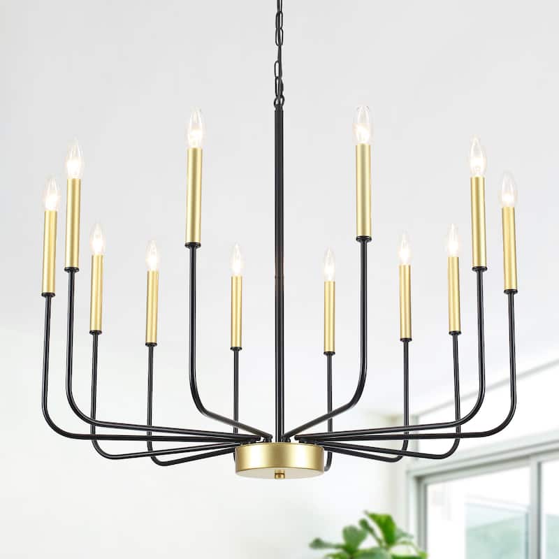 12-Light Rustic Candle Chandelier for Dining Room Living Room - W32.08" x H70.07" - N/A - Black+Spray Gold