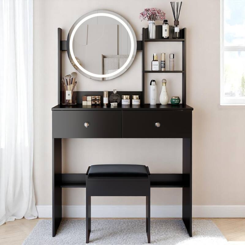 KISRAIS 31.5" Fashion Vanity Desk with Mirror and Lights, 3 Color Lighting Brightness Adjustable - Black