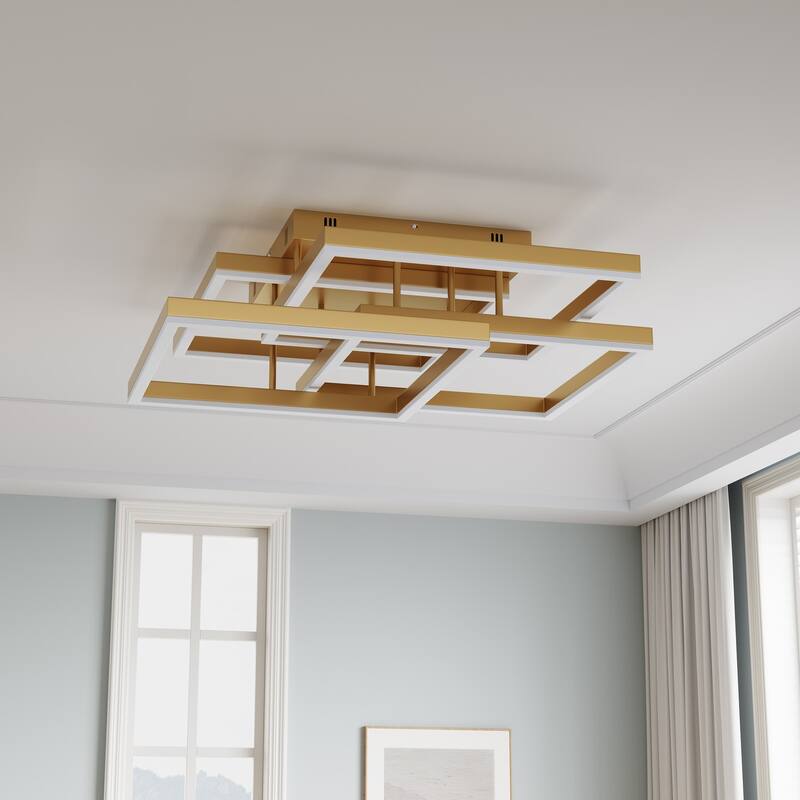 Modern Gold 4-Rectangle Dimmable LED Semi Flush Mount Ceiling Light Fixture
