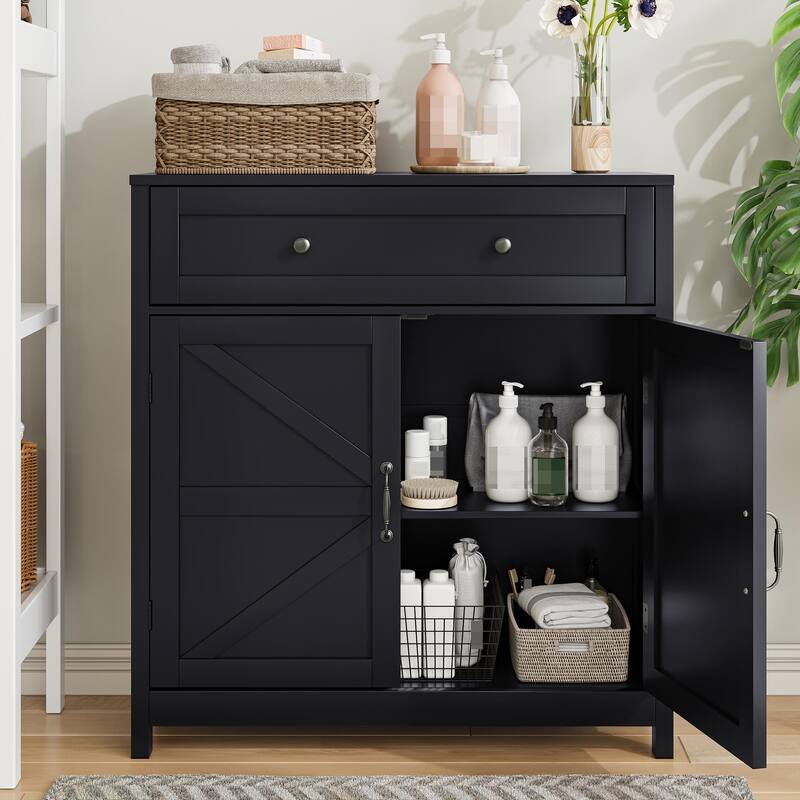 Anmytek Black Farmhouse Storage Cabinet with Drawer and Adjustable Shelf Barn Door Style for Bathroom and Kitchen