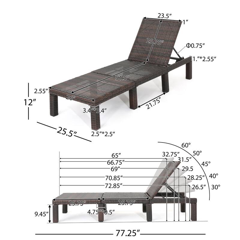 Modern Outdoor Rattan Chaise Lounge Chair Patio Reclining Chair with Adjustable Backrest for Poolside