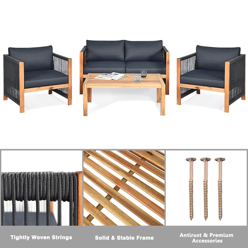 Costway 8PCS Wooden Patio Furniture Set Cushioned Sofa W/Rope Armrest