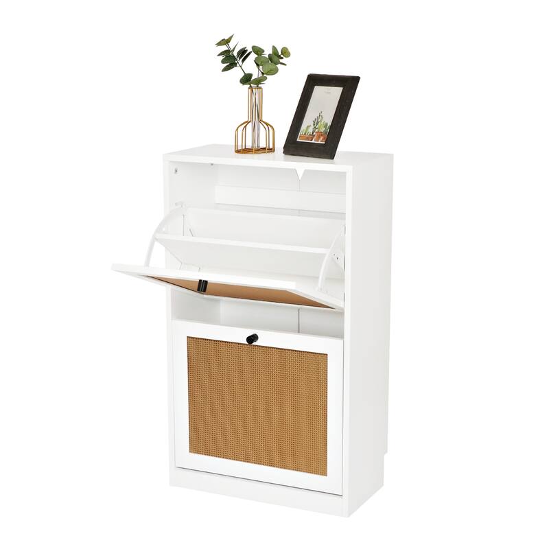 Anmytek 12 Pairs White Wood Rattan Shoe Storage Cabinet 2 Flip Drawers Slim Shoe Storage Organizer - 2-Tier
