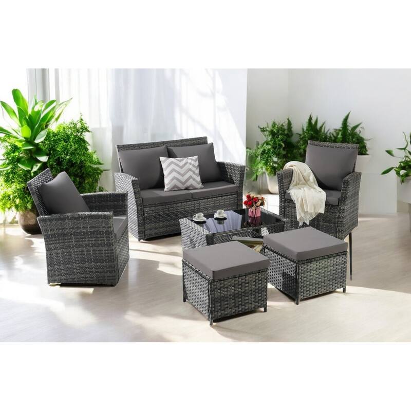 6-Piece Wicker Patio Furniture Set with Cushions & Coffee Table & Ottomans, Sofa for Outdoor Garden, Patio, or Balcony