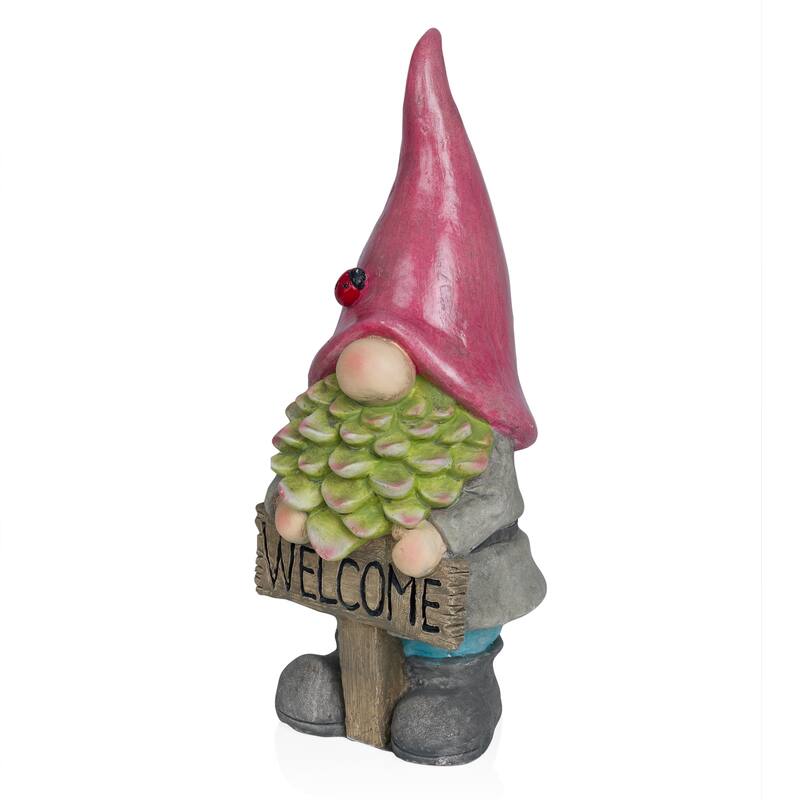 Gnome with Red Hat Holding "Welcome" Sign