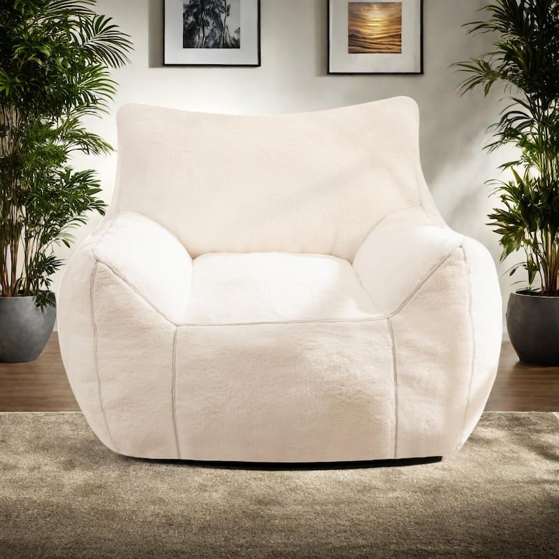 Faux Fur Bean Bag Chair with Back Support, High-Density Shredded Foam Filler, and Versatile Design - White