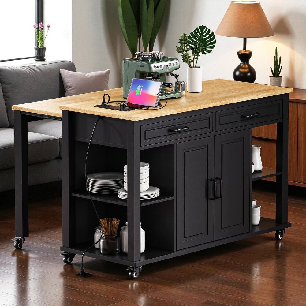 47" Kitchen Island with Extendable Table, Power Outlet, Rubber Wood Top, Storage Cabinet & Drawers