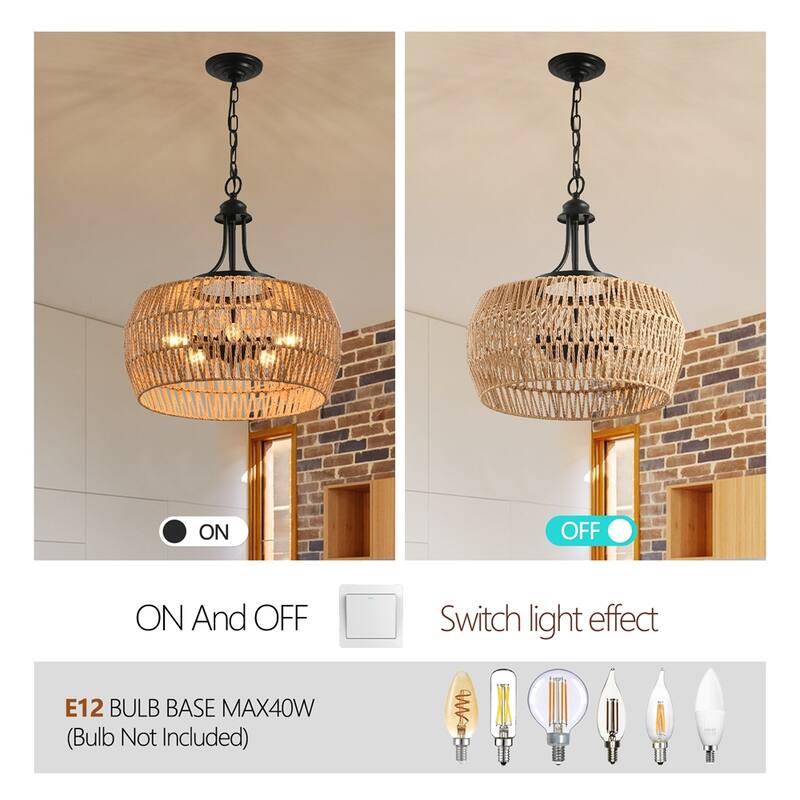 19" Boho Hemp Rope Pendant Light with Adjustable Chain,No Bulbs