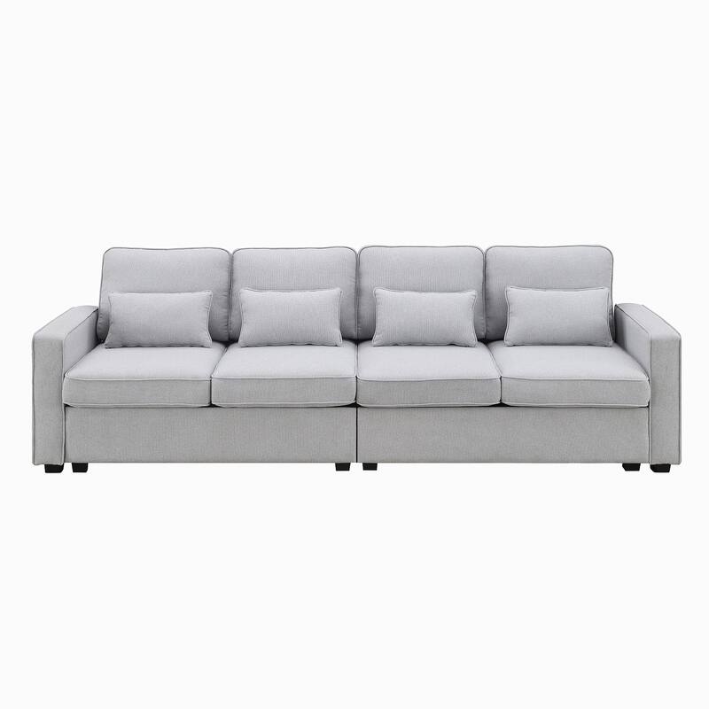 4-Seater Linen Fabric Sofa with Armrest Pockets and 4 Pillows