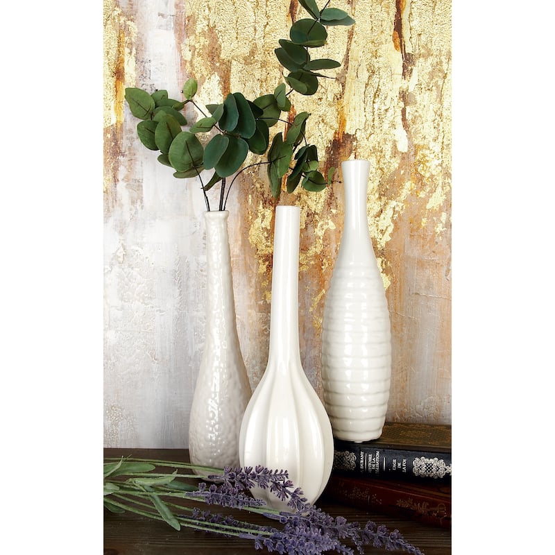 Ceramic Slim Textured Bottleneck Vase with Varying Patterns - Set of 3 Silver, Gold, White - Roche River Decor