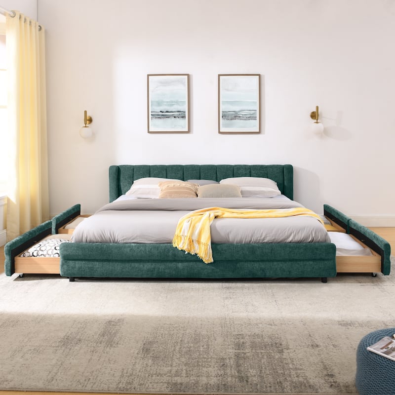 Thick Fabric Upholstered Bed Frame, Low Profile Storage Platform Bed with 4 Storage Drawers, Metal Legs and Wood Slat Support