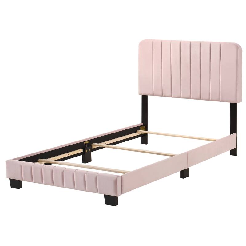 Contemporary Pink Twin Bed with Tufted Velvet and Wood Legs