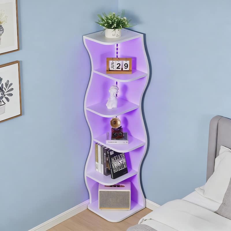 Javlergo 5-Tier Corner Bookshelf with LED Light Strip Seagrass Wave Design Tall Corner Bookcase with Lights for Living Room - White