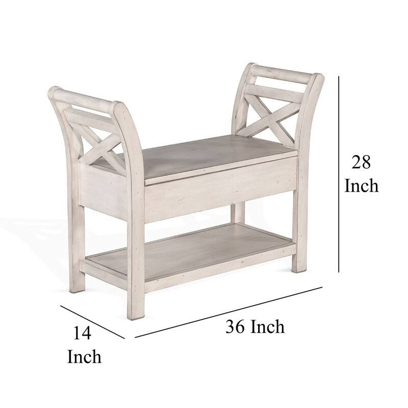 Sime 36 Inch Accent Bench, X-Panel and Storage, Ivory White Mahogany