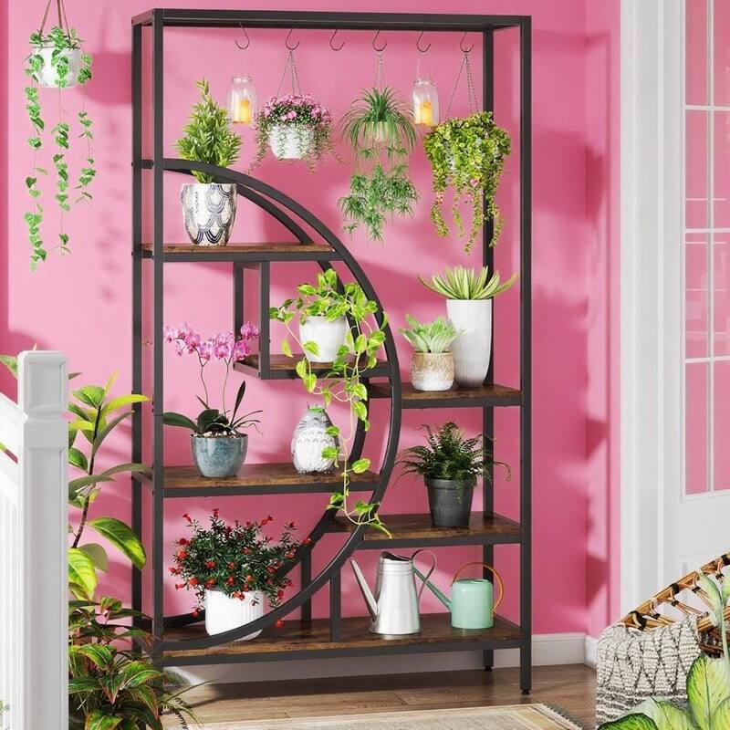Black-Brown Powder Coated Iron 7-Tier Indoor Plant Stand with Hooks - 39.37” x 11.81” x 70.87”
