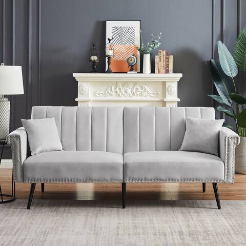 77.5" Convertible Folding Futon Sofa Bed, Velvet Upholstered Sleeper Sofa Living Room Loveseat with Metal Legs and Nailhead Trim