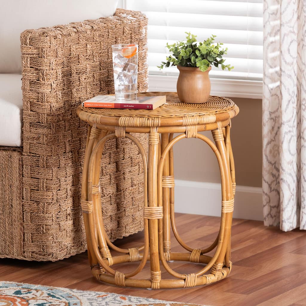 Jayana Natural Rattan Round End Table - Handwoven Wicker Accent Table with Open Frame Base, Lightweight Coastal Boho Side Table
