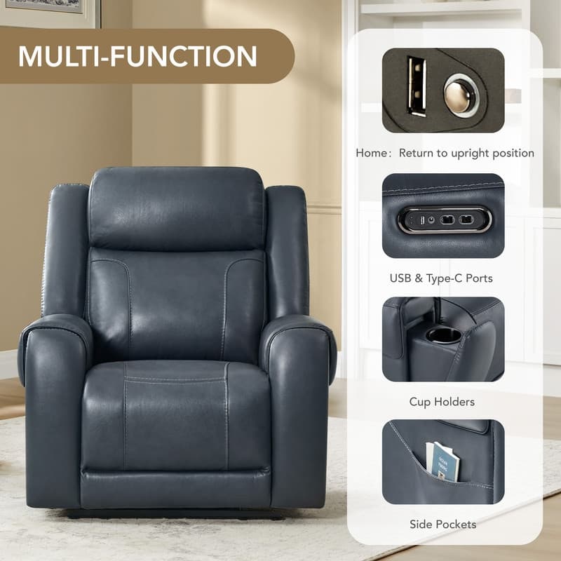 Spruce & Spring Leo Dual Motor Genuine Leather Power Recliner With Power Headrest