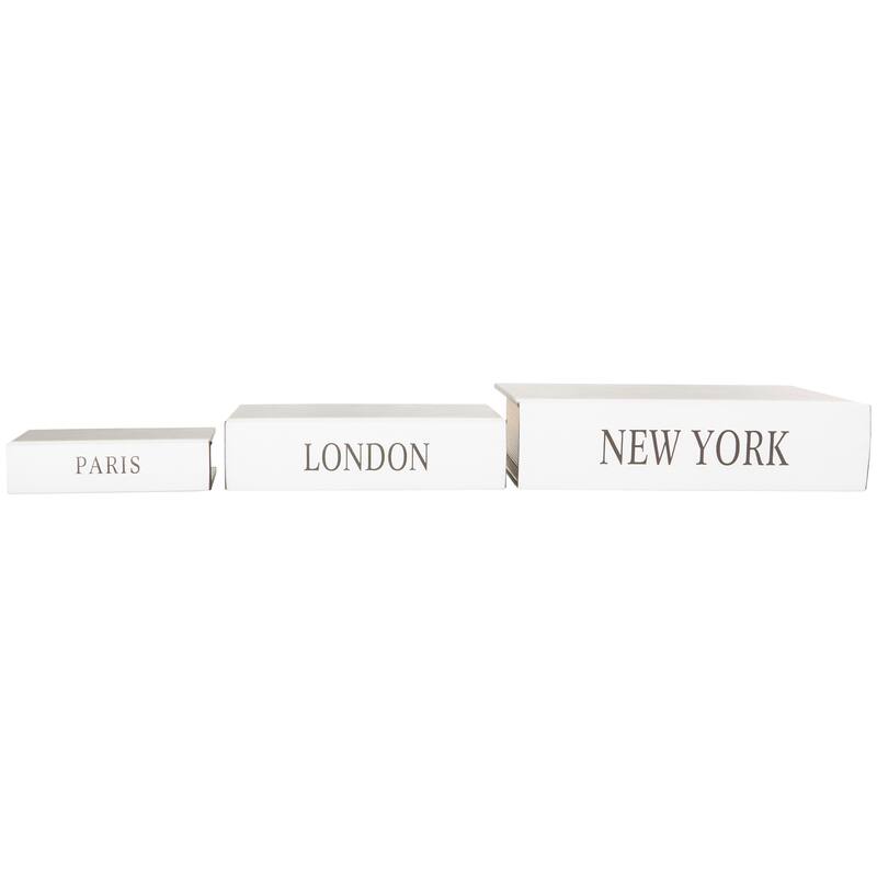 Black Wooden Paris, London, New York Storage Faux Storage Book Decorative Box with White Spine (Set of 3)