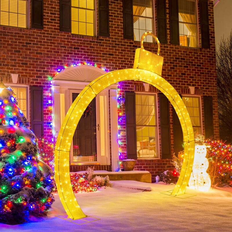 10.5 Feet Christmas Pre-Lit Arch with Gold Ornament Cap and 300 Warm White LED Lights - Warm White - 10.5 x 2 x 10.5 ft