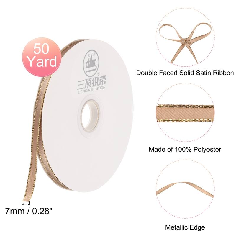 50 Yards Satin Ribbon Polyester with Gold Edge for Gift Decoration, 1 Roll - Khaki,Gold Edge