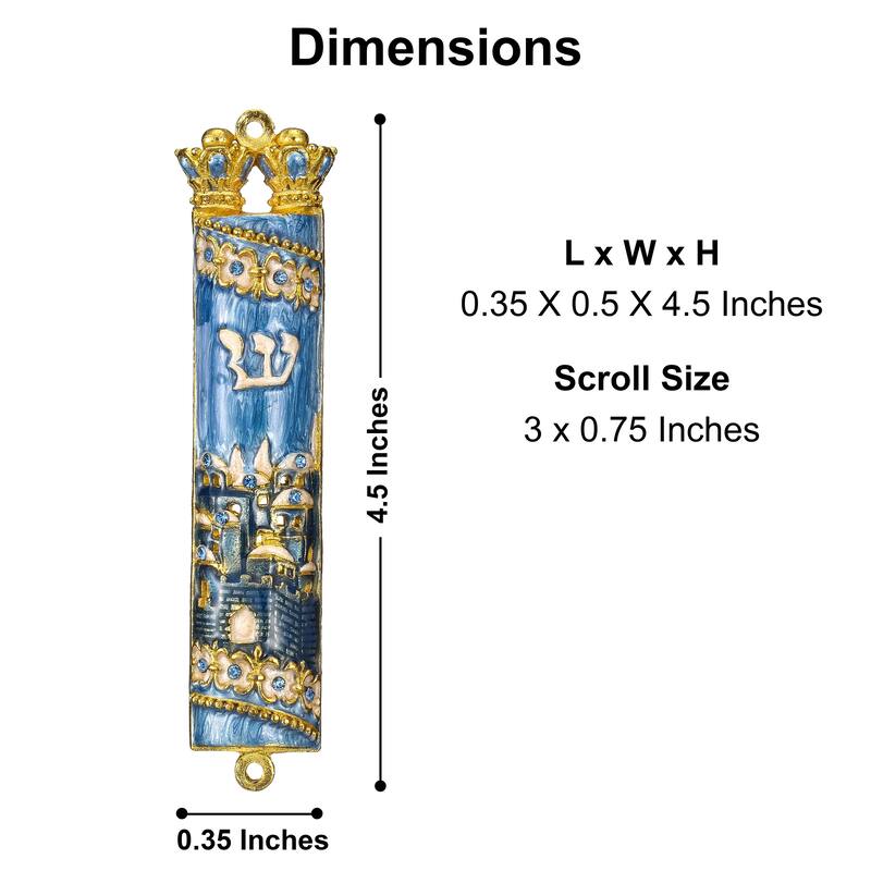 Matashi Hand Painted Blue Enamel Mezuzah with Jerusalem City Design with Gold Accents and High Quality Crystals