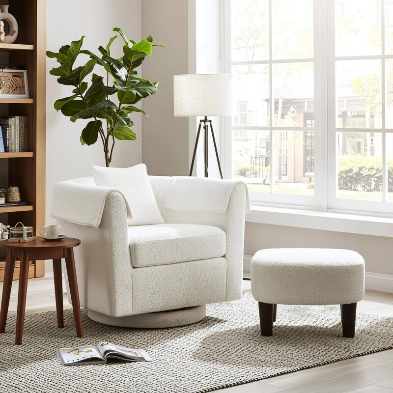 Homy Lin 360° Swivel Chenille Accent Chair with Ottoman,Armrests & Back Pillow, Comfy Living Room Armchair Set for Read or Relax