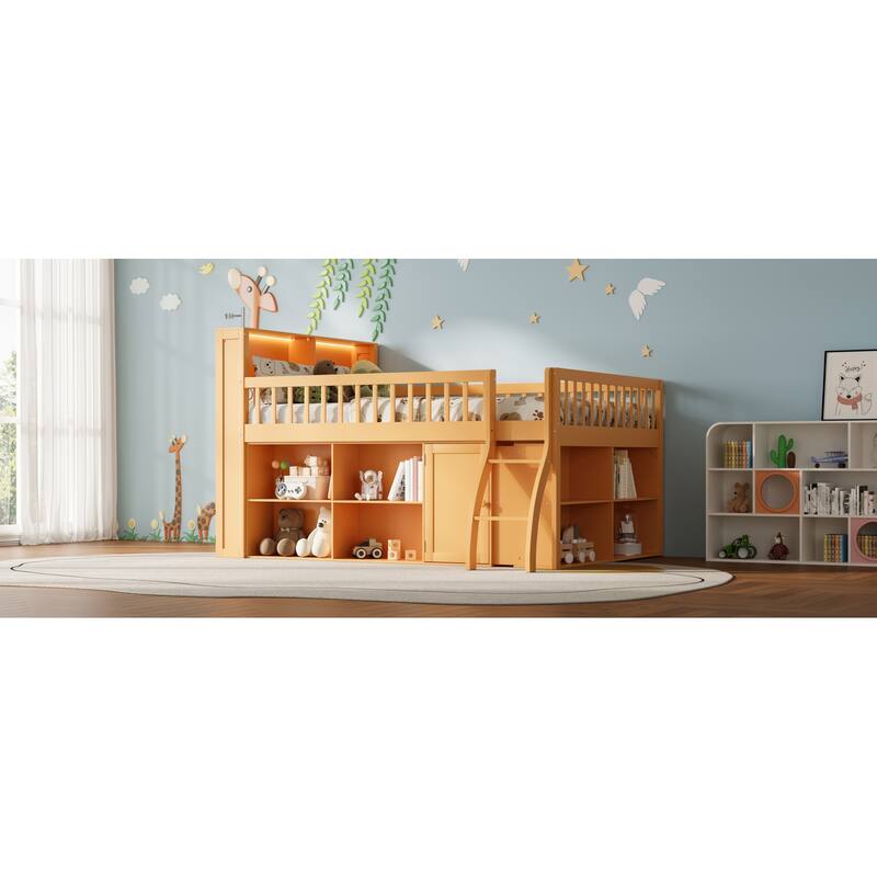 Roomfitters Full/Queen Loft Bed with Storage Shelves and LED Headboard