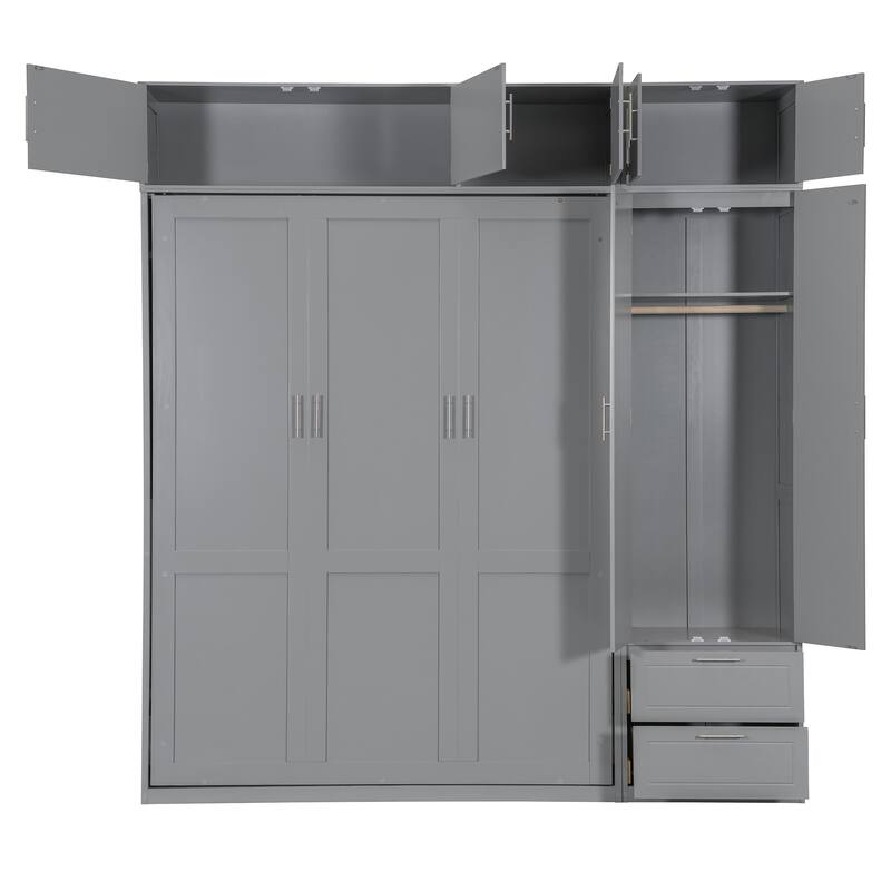 Queen Size Murphy Bed with Storage - Space-Saving Wall Bed with 3 Cabinets, Wardrobe and 2 Drawers
