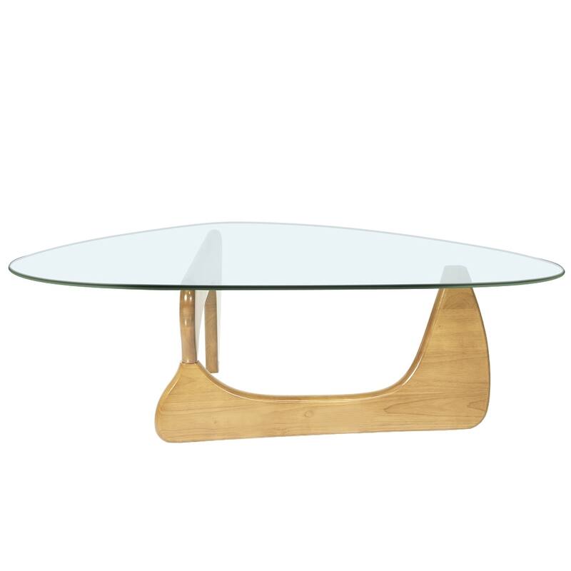 Triangle Glass Coffee Table with Solid Wood Base for Living Room